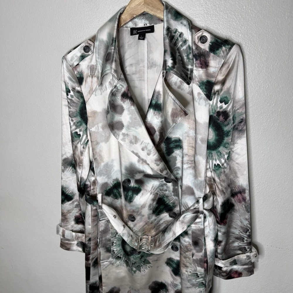 New INC International Concepts Tie Dye Satin Tench Coat Women's Large - Picture 2 of 10